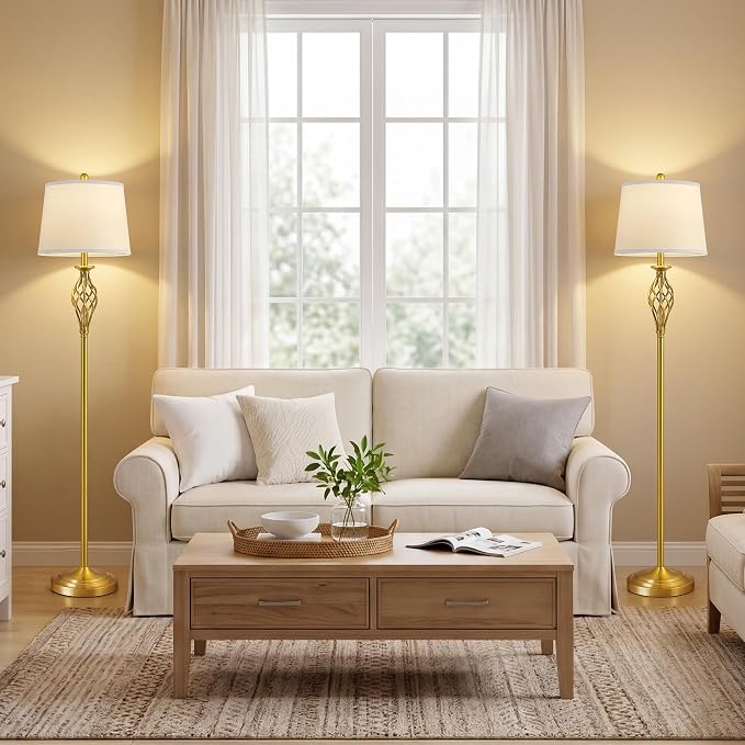 EJIAXIN Floor Lamps for Living Room - 62" Farmhouse Vintage Standing Lamp for Bedroom with Adjustable Color Temperatures,Gold Tall Lamp with Linen Shade,Reading Light for Home Office,Bulb Included