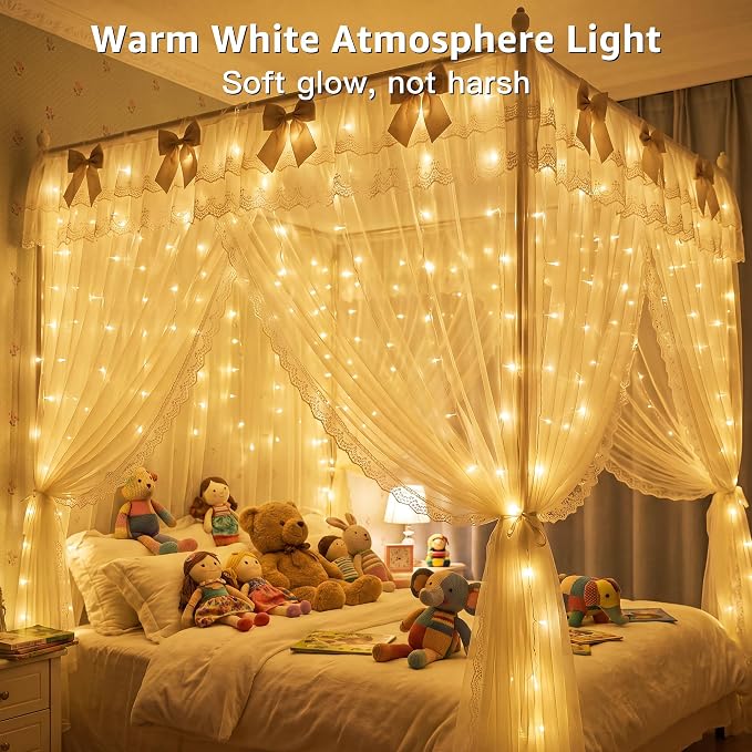 Ollny Curtain Lights 6.6x6.6ft, Plug in String Lights for Indoor Bedroom, 200 LED Connectable Fairy Light with Remote Timer 8 Modes, Waterproof Christmas Light for Outdoor Wedding, Warm White