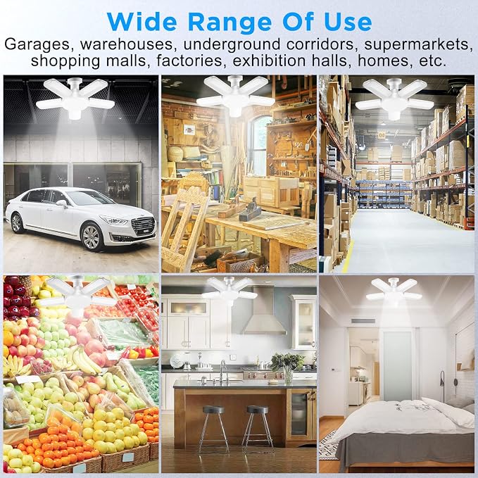 LED Garage Lights, 80W LED Garage Ceiling Lights with 5 Deformable Panels, 8000LM LED Shop Lights for Garage E26/E27 LED Light Bulbs for Garage, Workshop, Warehouse (2 Packs)