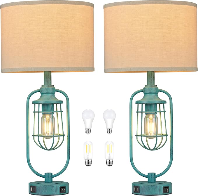 Table Lamps for Living Room End Table Set of 2, Farmhouse Lamps for Night Stands, Industrial Bedside Lamps for Bedroom with USB A+C, Bulbs Included