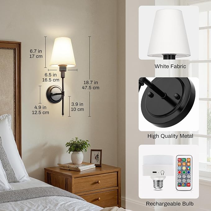 Battery Operated Wall Sconce: Set of 2 Wireless Wall Light 12000mAh | 15 Color Rechargeable Wall Sconces, Sconce Wall Decor Set of 2 for Bedroom, Living Room, Black 18.7in