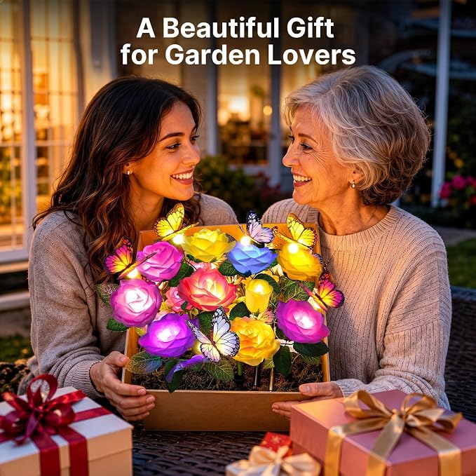 RECHOO Solar Lights Outdoor, 6 Pack Solar Flower Swaying Butterfly Lights | with 24 Color Changing Rose Flowers & 18 Warm White Butterflies, IP65 Waterproof Garden Decor for Outside, Gifts for Women