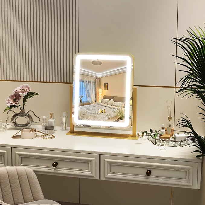 ROLOVE Vanity Mirror with Lights, 12.6"×15" LED Makeup Mirror, Lighted Makeup Mirror with Lights, Smart Touch Control Dimmable 3 Modes Light, Lighted Up Mirror for Makeup Desk, Gold