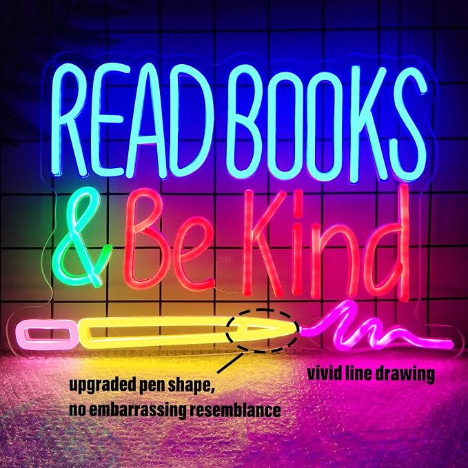 Read Books and Be Kind Neon Sign, Dimmable Classroom Neon Sign Lights, LED Read Books Light up Sign for Library Decor, USB Pencil Neon Light for Kids Teachers Students, Classroom Lights (16.2"×11")