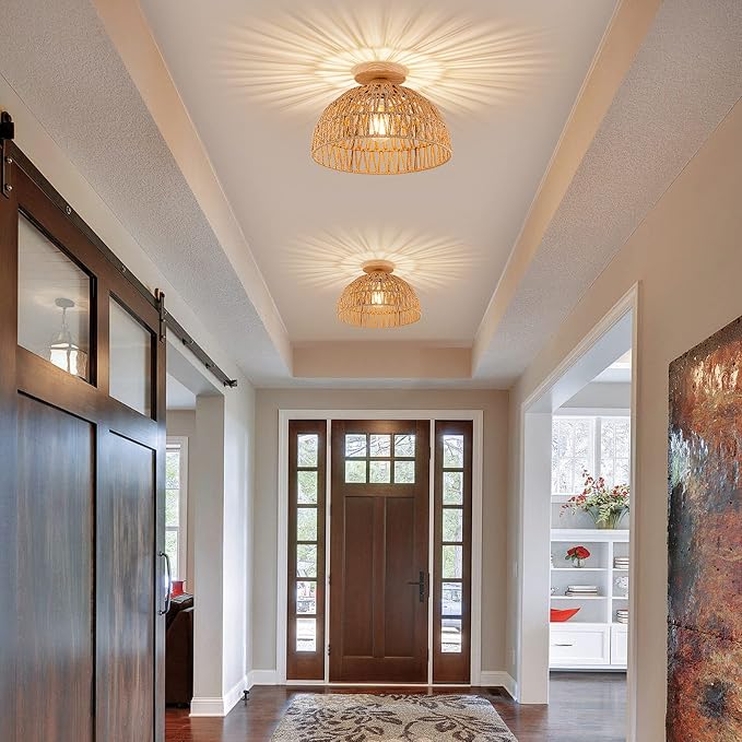 Boho Rattan Ceiling Light Fixtures Boho Lamp Shade Flush Mount Ceiling Light Hand-Woven Small Chandelier Wooden Base Chandelier Light for Hallway Bedroom Kitchen Nursery