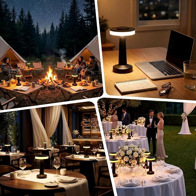 Riakrum 1 Pcs Black LED Portable Cordless Table Lamp Bulk with Touch Sensor 3 Color Stepless Dimming Rechargeable Battery up to 15 Hours Cordless Table Light Wireless Lamp Wedding Home