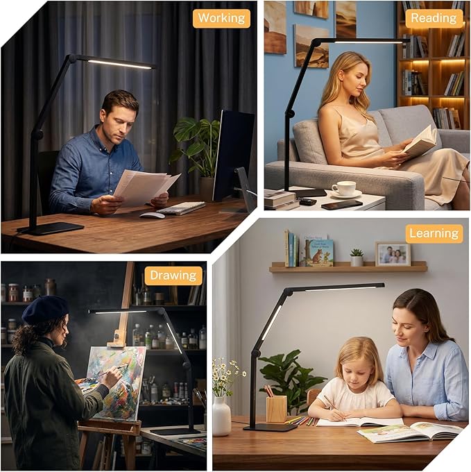 LED Desk Lamp for Home Office with Base, Dimmable Eye Care Architect Desk Light, Adjustable Swing Arm Dual-Light Lighting for Computer Monitor Work Desk Light, Reading, Study & Workbench