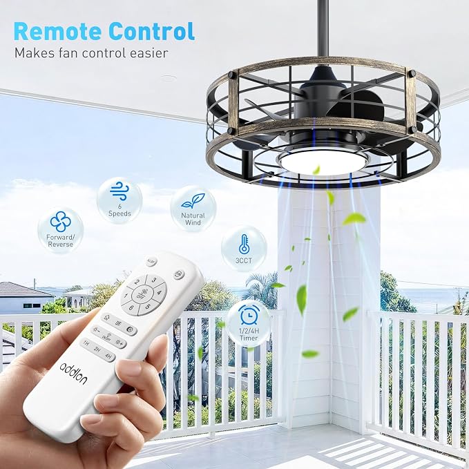 addlon 20" Outdoor Ceiling Fan with Light for Patio, IP65 Plug in Caged Fan | Waterproof, Hanging Hook, Reversible DC Motor, 6 Speeds, Remote Control, Quiet Operation, Timer, for Gazebo, Patio, Porch