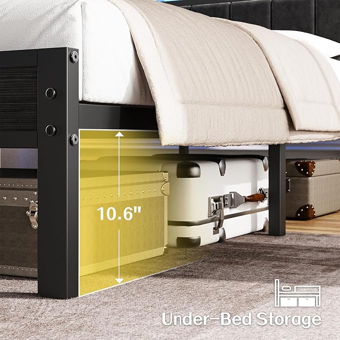 OLEVS Queen Size Bed Frame with LED Lights & Charging Station, Modern Platform Bed with 2-Tier Storage Headboard, No Box Spring Needed, Noise Free