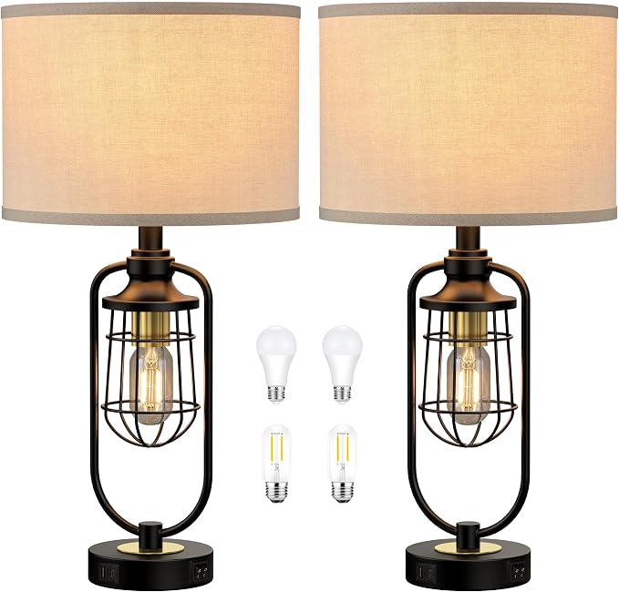 Table Lamps for Living Room Set of 2, Farmhouse Lamps for Night Stands, Industrial Bedside Lamps for Bedroom End Table with USB A+C, Bulbs Included