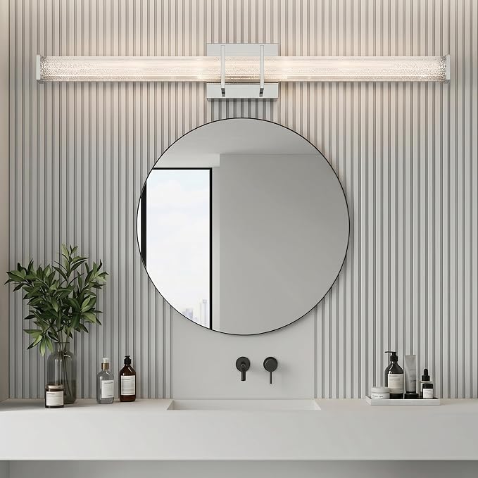 URSOLA 48" Modern LED Bathroom Light Fixtures, Chrome 3CCT Dimmable Bathroom Vanity Light Over Mirror, Bathroom Vanity Bath Bar Lights with Crystal Acrylic Shade