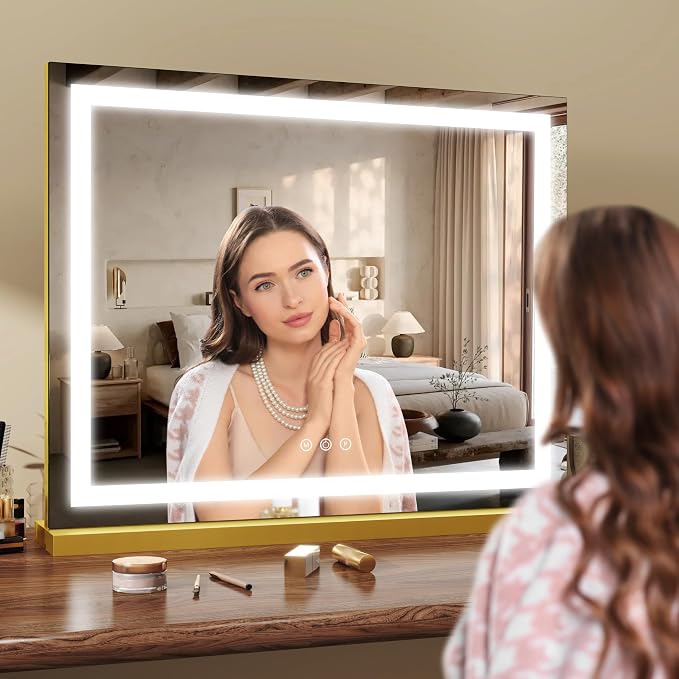 ROLOVE 23x18 Inch Gold Vanity Mirror with Lights, Detachable Magnifier | Desk Mirror with Light, 3 Color Modes, Stepless Dimming, Touch Control, Plug-In Power, Horizontal Wall Mount or Tabletop Use