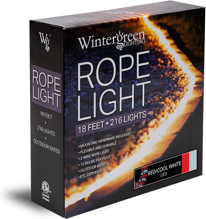 Wintergreen Lighting 18' Red and Cool White LED Rope Lighting, Christmas Outdoor Light Décor LED Rope Lights -120V, ½ Inch, 2-Wire