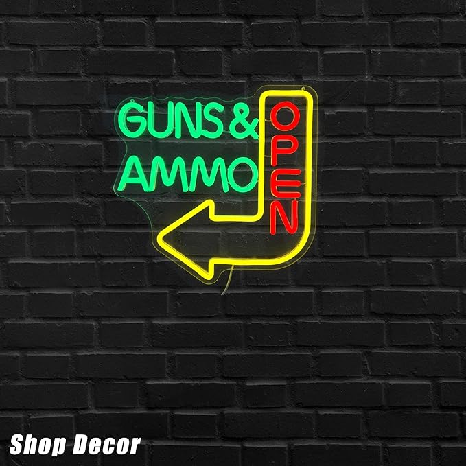 Open Neon Sign - Guns Ammo Store LED Light for Wall Decor Dimmable Gun Signs Lamp for Gun Store, Ammo Shop, Shooting Range Bright Green & Red Lighting for Shop Entrance(12.6 * 12.5inch)
