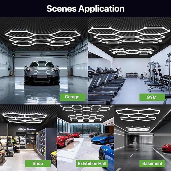 Glitgate Hexagon LED Garage Light, 579W 63690LM 14-Grid Honeycomb Hex Lighting System, 6500K Ultra Bright Ceiling Light for Garage, Car Detailing Shop, Workshop, Basement, Gym