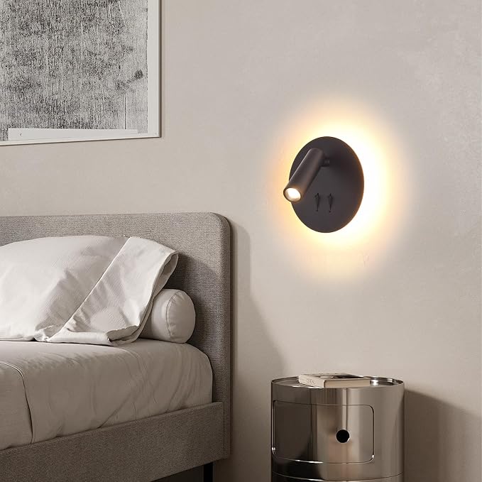DEC LUCE DECOLUCE LIGHTING Modern Minimalist LED Wall Sconce,Hardwired 2-Light Reading Backlight,Dual Light Control (3W/240lm+6W/480lm), Swing Arm Wall Light Fixtures for Bedroom/Bedside(Black)