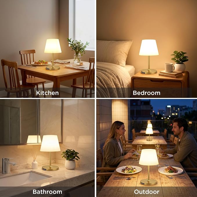 LUTEC Shower Lamp Waterproof, 6000mAh Rechargeable Cordless Table Lamp with 3 Color Temps and Stepless Dimming, Touch Control & Portable LED Nightlight for Bathroom, Desk, Outdoor(Gold)