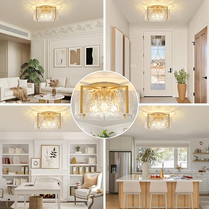 16'' Gold Semi Flush Mount Ceiling Light, 4-Light Glass Drum Light Fixtures | Modern Ceiling Lights for Hallway Entryway Bedroom Bathroom Kitchen Canteen Laundry Room Lighting Fixture Bulbs not Included