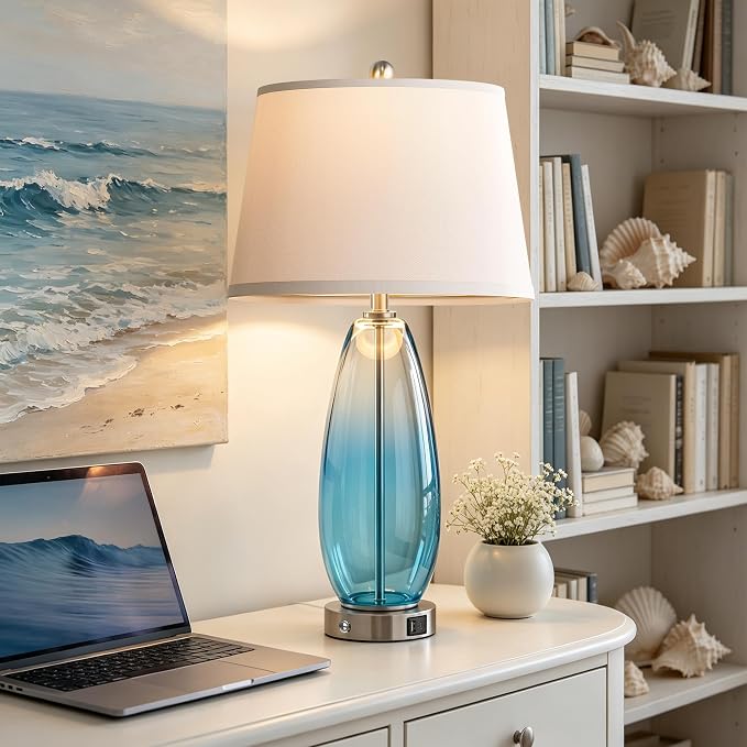 WIHTU 27" Glass Table Lamps for Living Room, Touch Bedside Lamps Set of 2 | Gradient Blue Glass Body, 3-Way Dimming, USB A+C Ports, Included 2 Bulbs,E26 Base,Modern Nightstand Lamp for Bedroom, Office