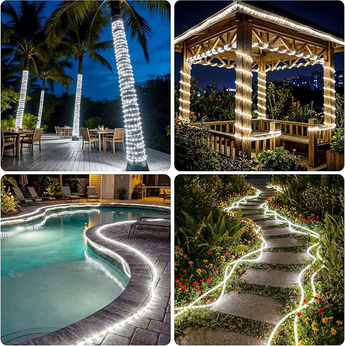 Solar Rope Lights, 2 Pack 33FT 100 LED Solar Fairy Lights with 8 Lighting Modes, IP65 Waterproof Strip Light Outdoor for Garden Yard Patio Deck Fence Tree Party Holiday Decoration, Cold White