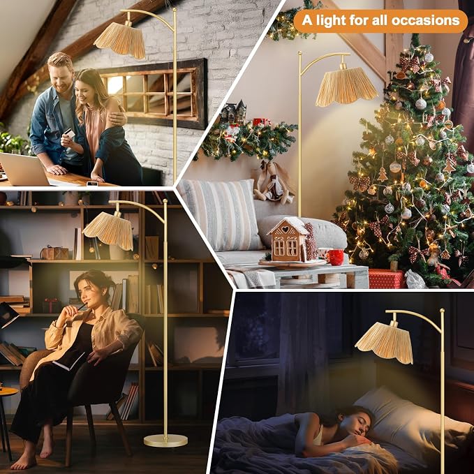 60" Floor Lamps for Living Room with 3 Color Temperatures, Gold Floor Lamp with Rattan Shade, Modern Tall Lamps for Bedroom Office, 9W LED Bulb Included