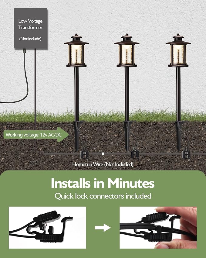 LITFIT Low Voltage Landscape Lighting, 12-Pack LED Pathway Lights Outdoor | 12V 3.4W 155LM 3000K Oil-rubbed Bronze Landscape Path Lights with Crackled Glass, Waterproof Aluminum for Walkway Garden Yard