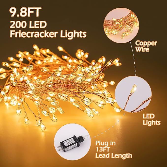 Minetom Fairy Lights Plug in, String Lights for Christmas Decorations | 10FT 200LEDs, 2 Pack, Warm White, Waterproof Starry Firecracker Lights for Bedroom Ceiling Wreath Window Wedding Decorations