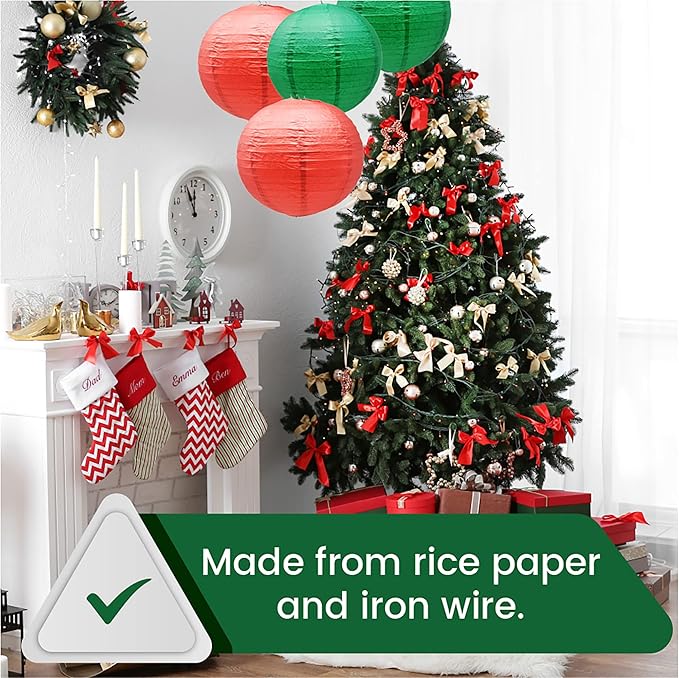 Mudra Crafts Red and Green Paper Lanterns Wedding Party Decorations - 12 in 10 Round Hanging Ceiling Lanterns, 10 Pack, Decorative Lamp Shades