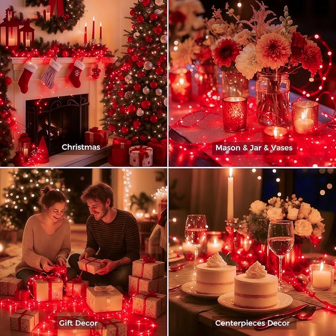 litogo 50 Pack Red Fairy Lights Battery Operated with Timer, 20 LED 3 Modes Twinkle Light, 7ft Waterproof Silver Wire Mini Small Bulk Mason Jar String Light, Decor for Wedding Party Christmas