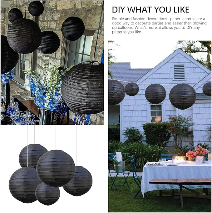 20Pcs Black Paper Lanterns for Parties, 6” 8” 10” 12” Chinese Asian Hanging Round Paper Lanterns for Birthday Wedding Halloween Christmas Home Decor Party Decor
