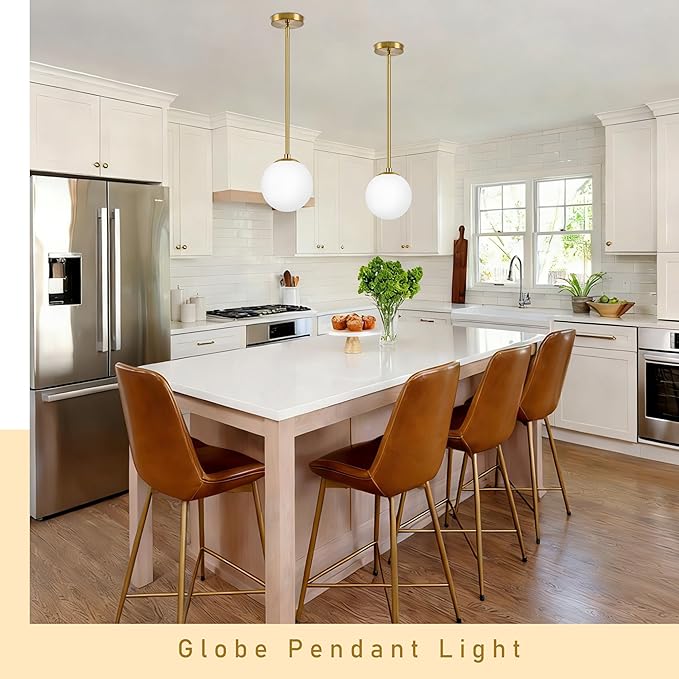6" Globe Pendant Light Gold 2 Pack Mid Century Pendant Light Globe Pendant Lights Kitchen Island Brushed Brass Finished with Milk Glass Adjustable Ceiling Light Fixtures for Dining Room Bar