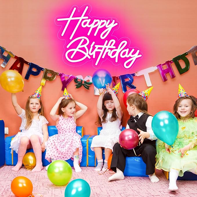 Happy Birthday Neon Sign for Wall Decor, USB Powered LED Neon Sign with Dimmable Brightness, Ideal for All Ages Birthday Parties and Celebrations, With 2 Pcs Birthday Cards (17×12 Inch)