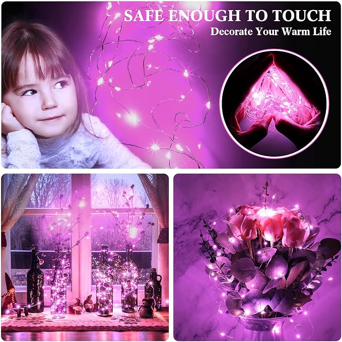 100 Packs Fairy Lights Battery Operated 3 Speed Modes, 7 Ft/ 2 M 20 LED Battery String Mini Waterproof Wire Twinkle Lights Bulk for Wedding Party Birthday Vases Decor (Pink Light)