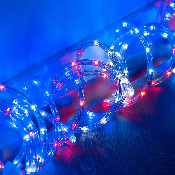 50ft Red/Blue/White Rope Lights,Connectable for Indoor & Outdoor,110V Flexible Tube Lights,Waterproof LED Rope Lighting for Outside,Deck,Patio,Pool, Camping,Bedroom Decor,Landscape Lighitng
