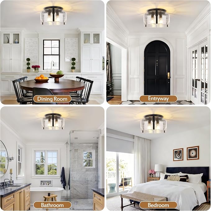Black Semi Flush Mount Ceiling Light 15'', 3-Light Modern Farmhouse Glass Light Fixture, Dimmable Close to Ceiling Mount for Hallway, Kitchen Island, Entryway, Bedroom, Bathroom, Laundry Industrial