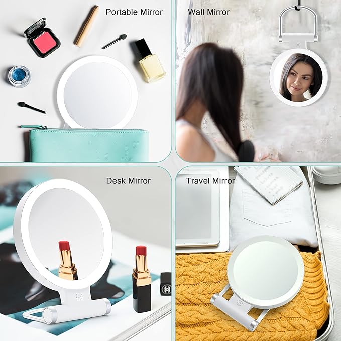 Magnifying Travel Makeup Mirror with Lights, Double-Sided 1X/30X Magnifying Mirror, 3 Color Lighting & Brightness Adjustable, Portable &Foldable Handheld Mirror with Lights(9" L x 7" W)