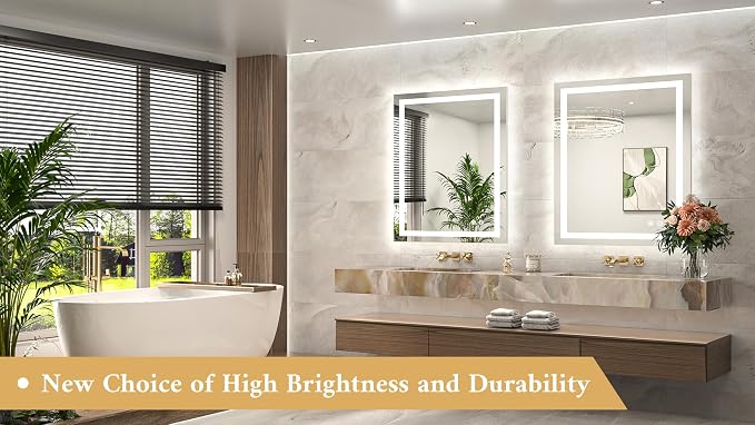LED Bathroom Mirror 30 x 36 Front and Backlit Lighted Bathroom Vanity Mirror with Brighter Lights 3-Color Dimmable Led Anti Fog Light up Mirror, Waterproof, Shatterproof Tempered Glass