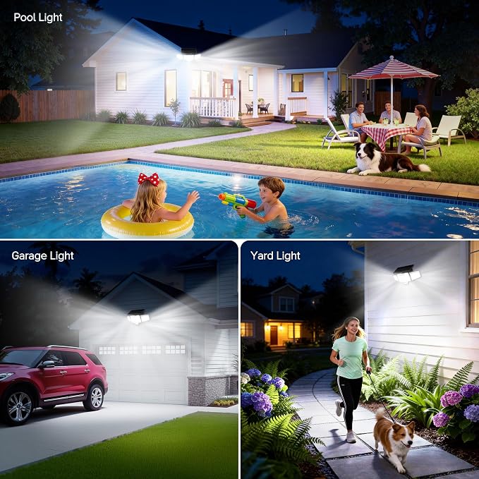 Solar Lights Outdoor 4Pack, Dual PIR & Curved 300° Wide Beam, 4000LM Solar Flood Lights Larger 3500mAh,Adjustable Solar Security Spot Lights Waterproof for Yard- Black