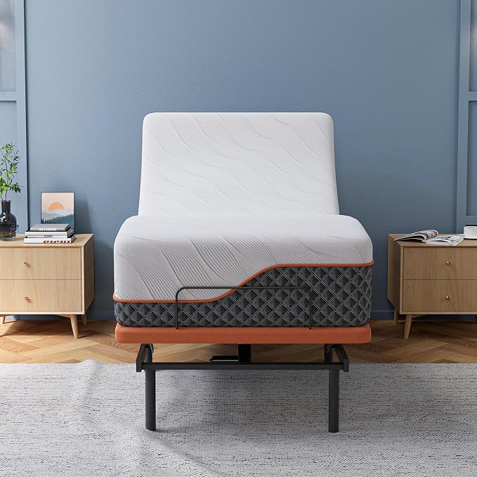 ESHINE Twin XL Adjustable Bed Frame 14" Hybrid Matt with Smart App | Bed Base, Lumbar Support, Head-Pillow-Tillt, Wireless Remote, Zero Gravity, Dual USB, Under Bed Light, 6000 Series