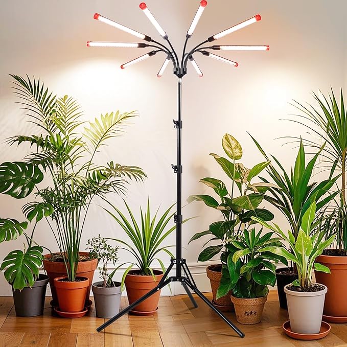 10Head Grow Light with Stand for Tall&Large Indoor Plants, Bonsai Tree, Big Coverage and Bright Plant Growing Lamps, 4/8/12/16/20H Timer, 90 Watt Power Draw, NO Need Adapter, 360° Gooseneck