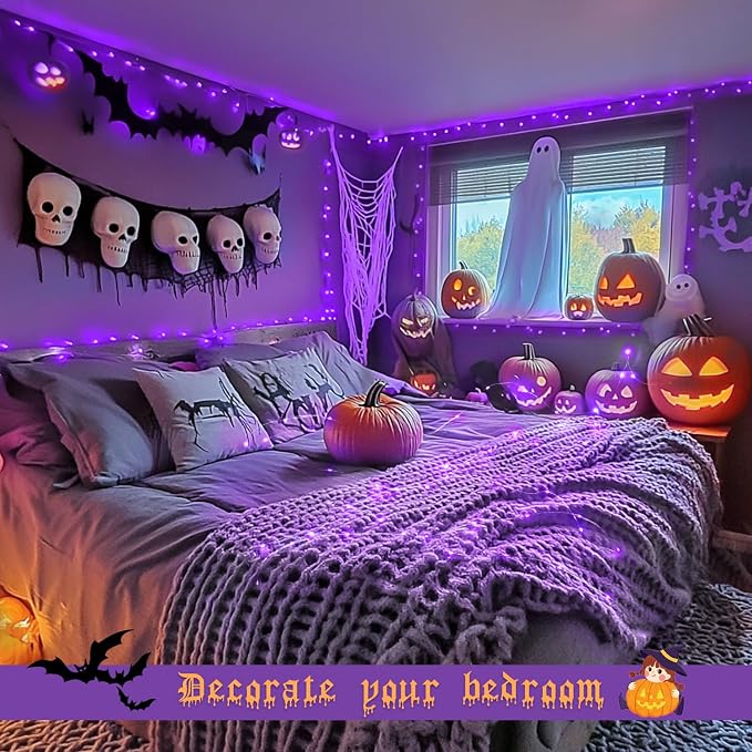 JMEXSUSS 200 LED Purple Fairy Lights Plug in | 8 Modes Purple Halloween Lights indoor with Wheel, 66 ft Remote Control Christmas Lights for Halloween Christmas Party