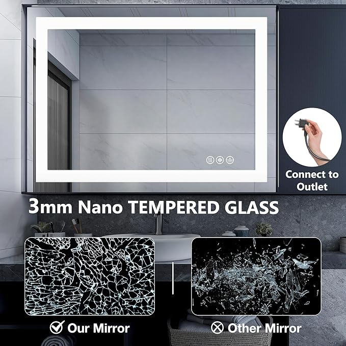 DUMOS 24"x32" Smart Anti-Fog LED Bathroom Mirror with Front Light & Backlit, 3 Color Temperatures, Dimmable, Memory Function, Rectangle Modern Vanity Mirror
