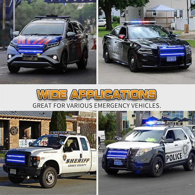 XRIDONSEN 2PCS 30 inch Blue Grill Emergency Lights Strip 360 LED Firefighter Police Lights Exterior Front/Rear Grille Strobe Flashing Warning Safety First Responder Lights for Vehicles Trucks Car