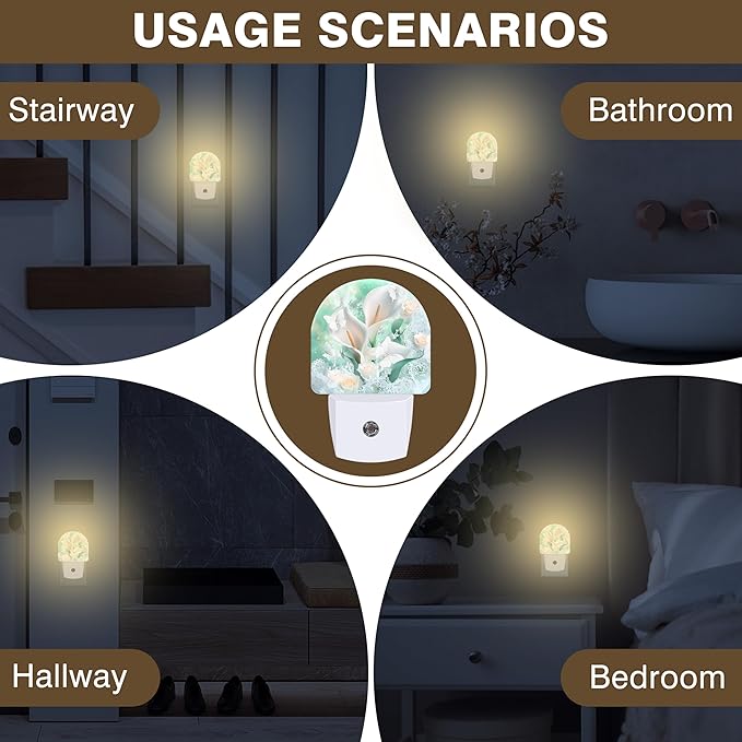 Night Light, White Calla Lilies Bouquet with Butterfly Night Lights Plug into Wall Dusk to Dawn Sensor Round Nightlight for Women Men Energy Efficient Led Lamp 0.5W for Stairway Hallway Bedroom