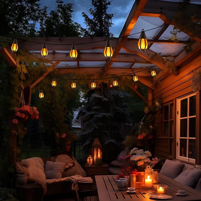 Solar String Lights for Outside, 44Ft Solar Patio Light with 20 Flickering | Flame Light Bulbs, Waterproof Orange Halloween Lights for Garden Yard Patio Gazebo Bistro Cafe Party Halloween Decorations
