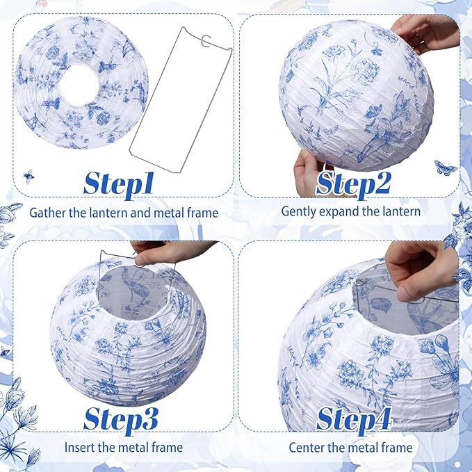 Honoson 12 Pcs Floral Paper Lanterns Blue Tea Party Decorations Flower Wildflower Spring Birthday Party Decoration 10 Inch Hanging Round Paper Lanterns for Wedding Bridal Shower Baby Shower Decor