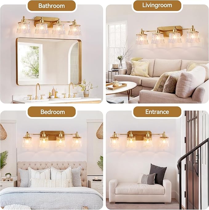Gold Bathroom Vanity Light Fixture, 4-Light Vanity Lights for Bathroom , Matte Antique Brass Finish, With a Square Crystal Glass Shade, Vintage Bathroom Lighting Fixture over Mirror (Gold, 4 Light)