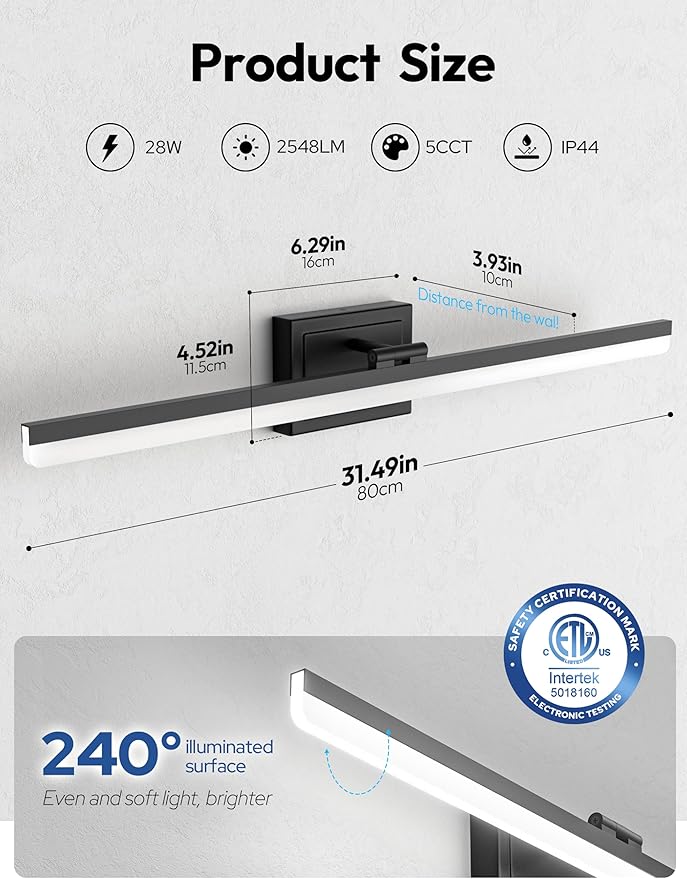 VOLISUN Modern Bathroom Vanity Light 31.5 inch, 28W Dimmable 5CCT Led Bathroom Light Fixture Over Mirror, Black Bar Vanity Light for Bathrooms Mirror Cabinets Bedroom-ETL Certificated