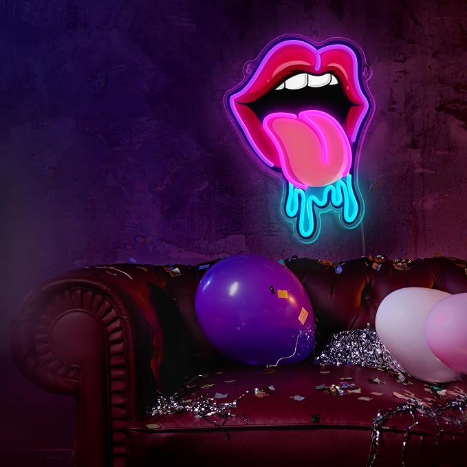 Lips Tongue Neon Sign Tongue LED Neon Light Up Sign for Wall Decor Tongue Drool LED Sign Neon Light for KTV Bar Pub Man Cave Bedroom Party Wedding Decor