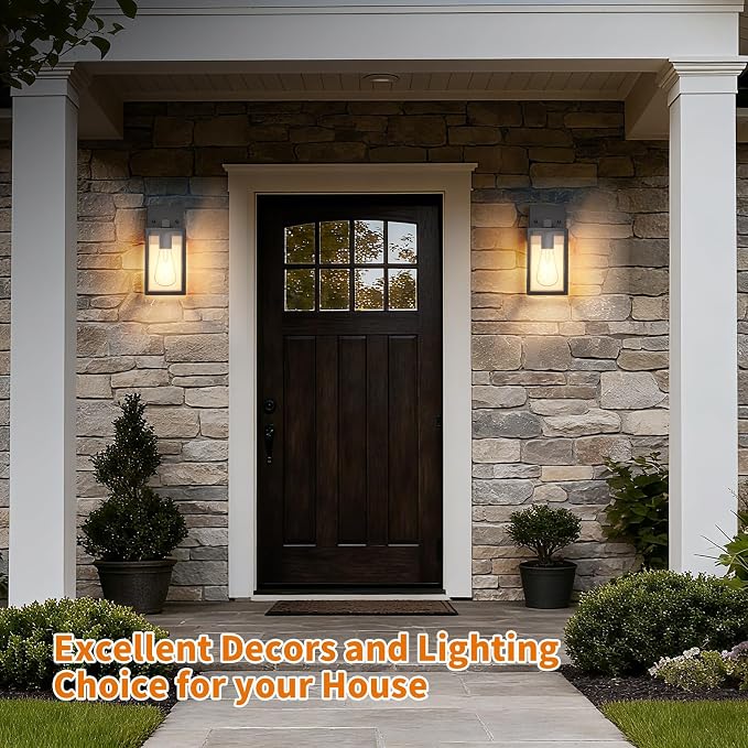 Outdoor Light Fixtures Wall Mount, Waterproof Front Porch Lights, Modern Exterior Lighting Fixtures with E26 Socket, Black Wall Sconces Lantern Lamp, Outside Lights for House, Garage, Patio (2 Pack)